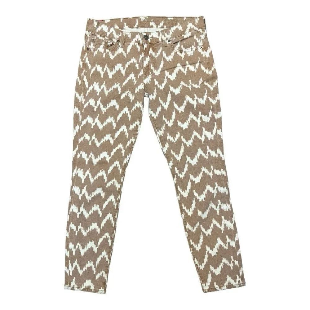 7 For All Mankind Brown & Cream Patterned The Cropped Skinny Jeans, Size 28 EUC